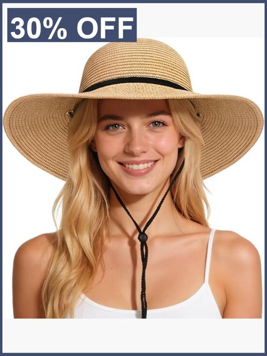 Wide Brim Straw Sun Hat with Wind Lanyard UPF 50+ Foldable
